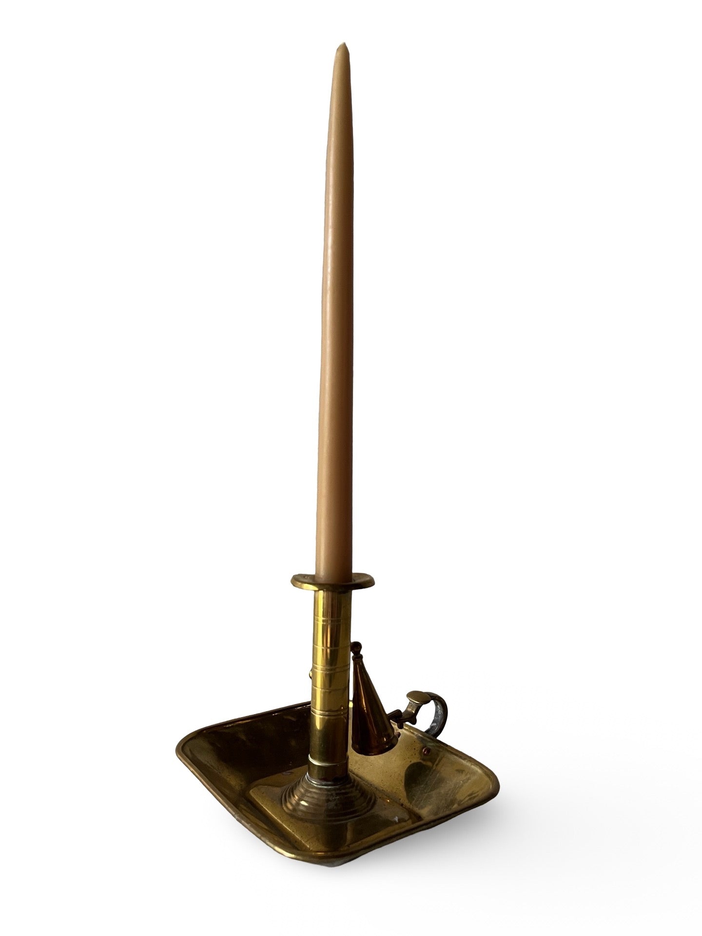 Antique Brass Candlestick with Attached Snuffer and a Square Base