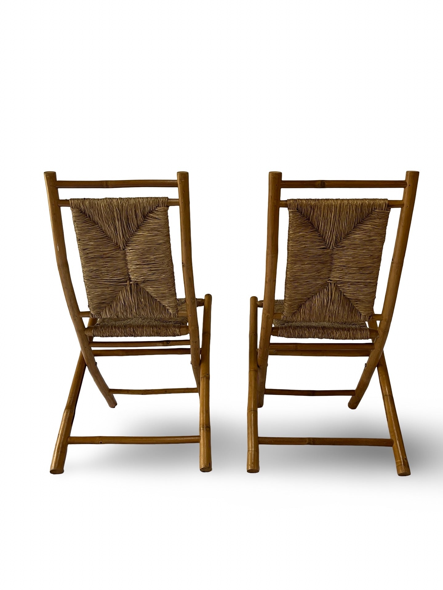 Set of 4 Vintage Bamboo and Rush Folding Chairs