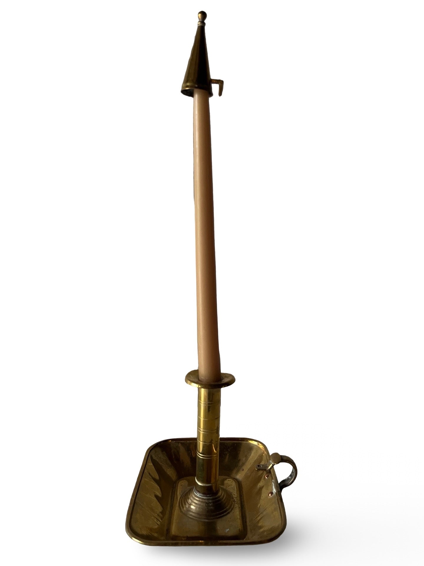 Antique Brass Candlestick with Attached Snuffer and a Square Base
