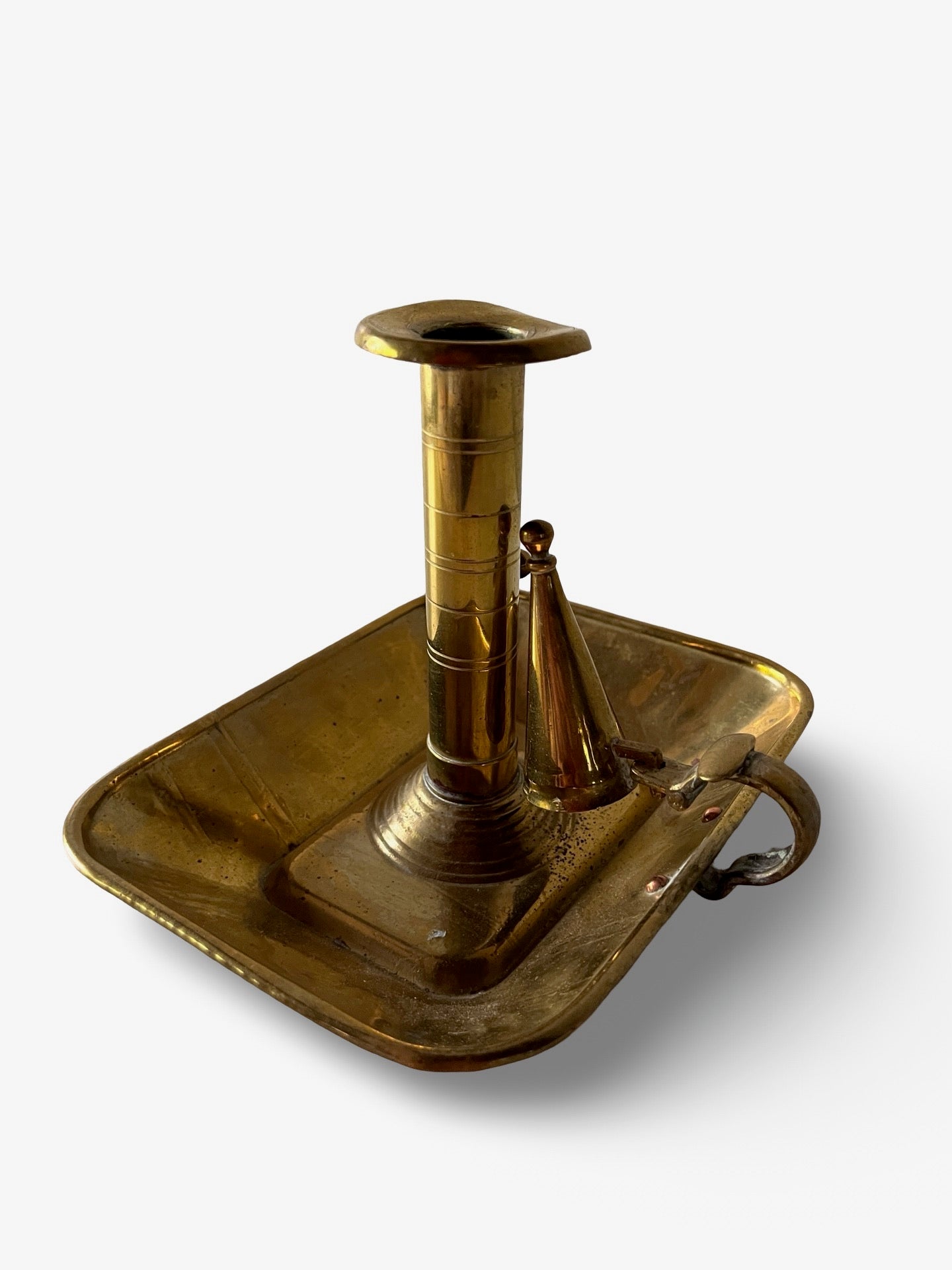 Antique Brass Candlestick with Attached Snuffer and a Square Base