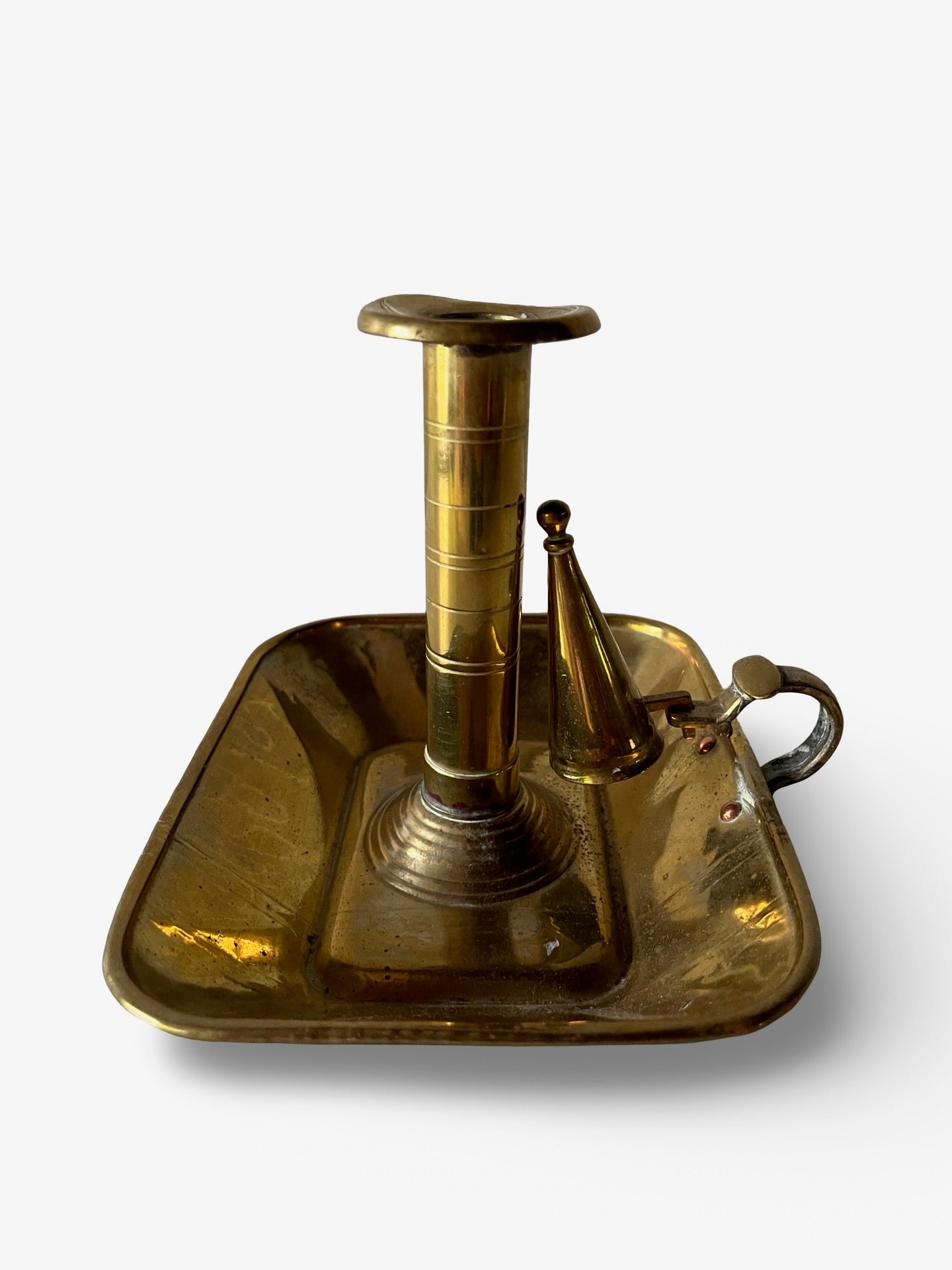 Antique Brass Candlestick with Attached Snuffer and a Square Base