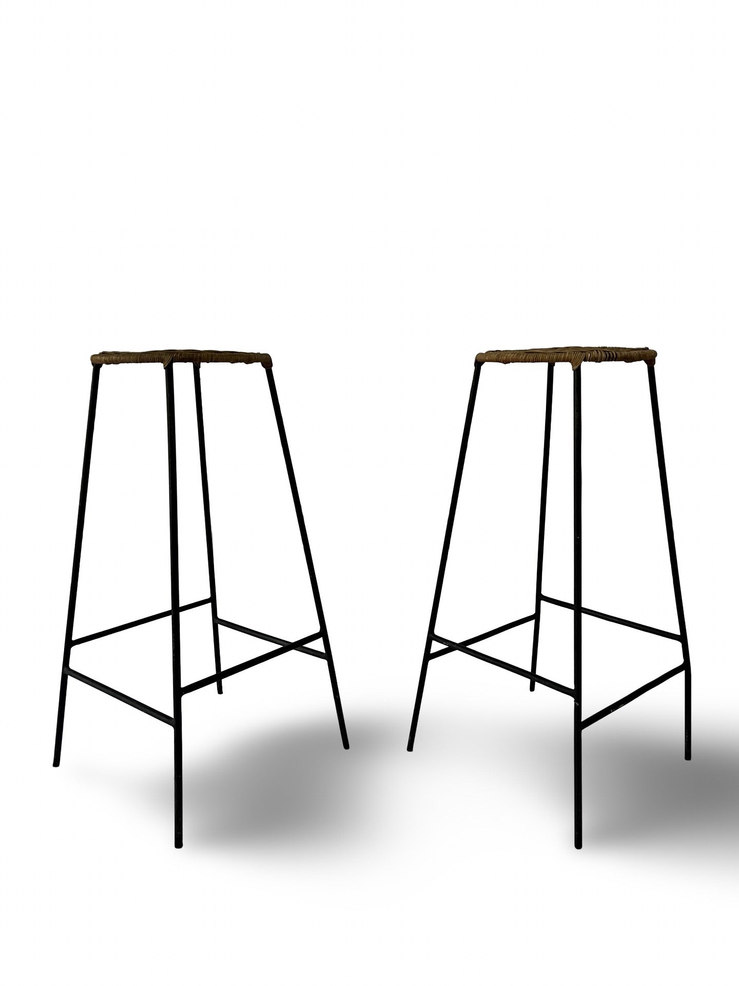 Pair of Vintage Iron and Wicker Seat Bar Stools