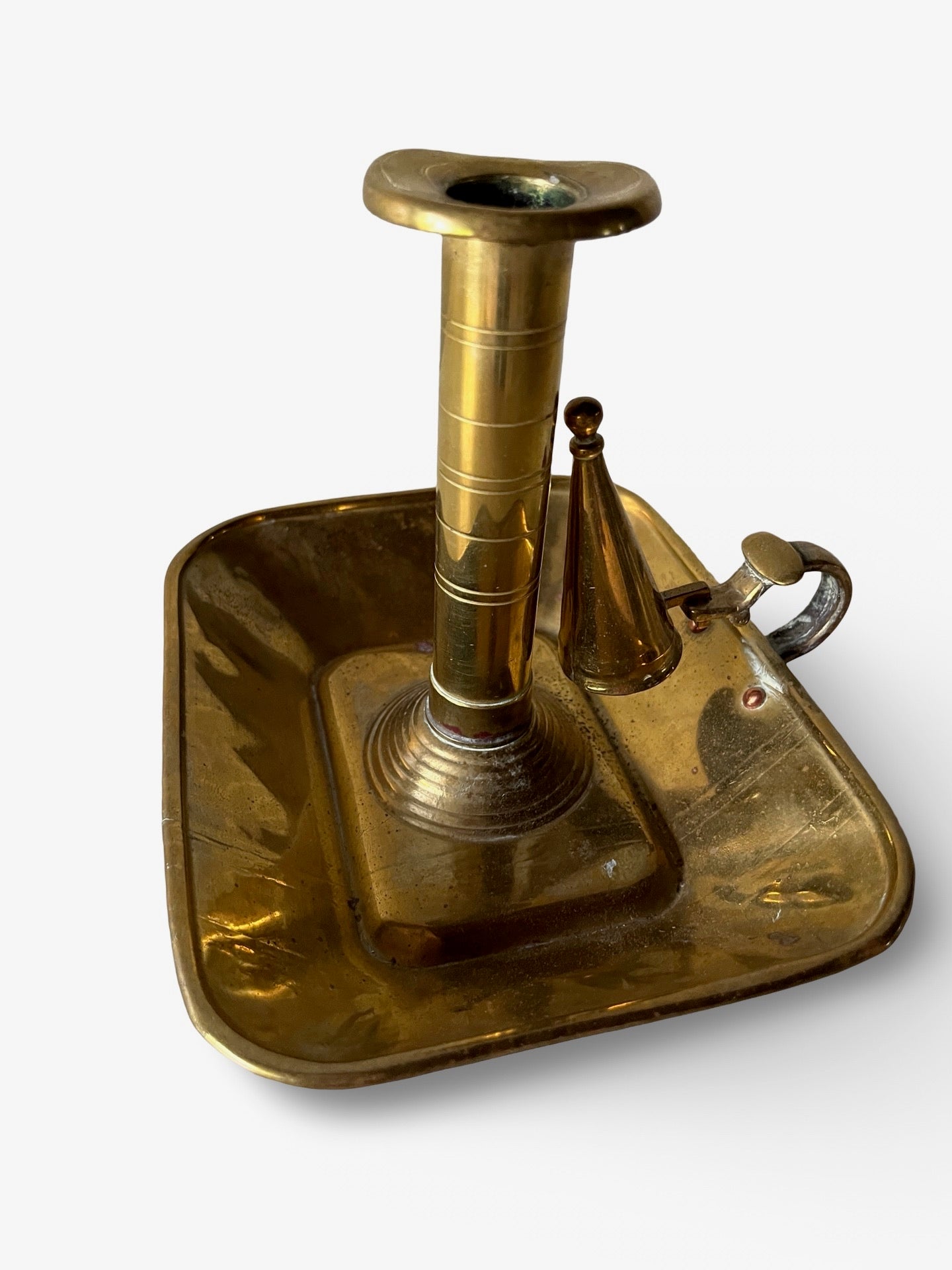 Antique Brass Candlestick with Attached Snuffer and a Square Base