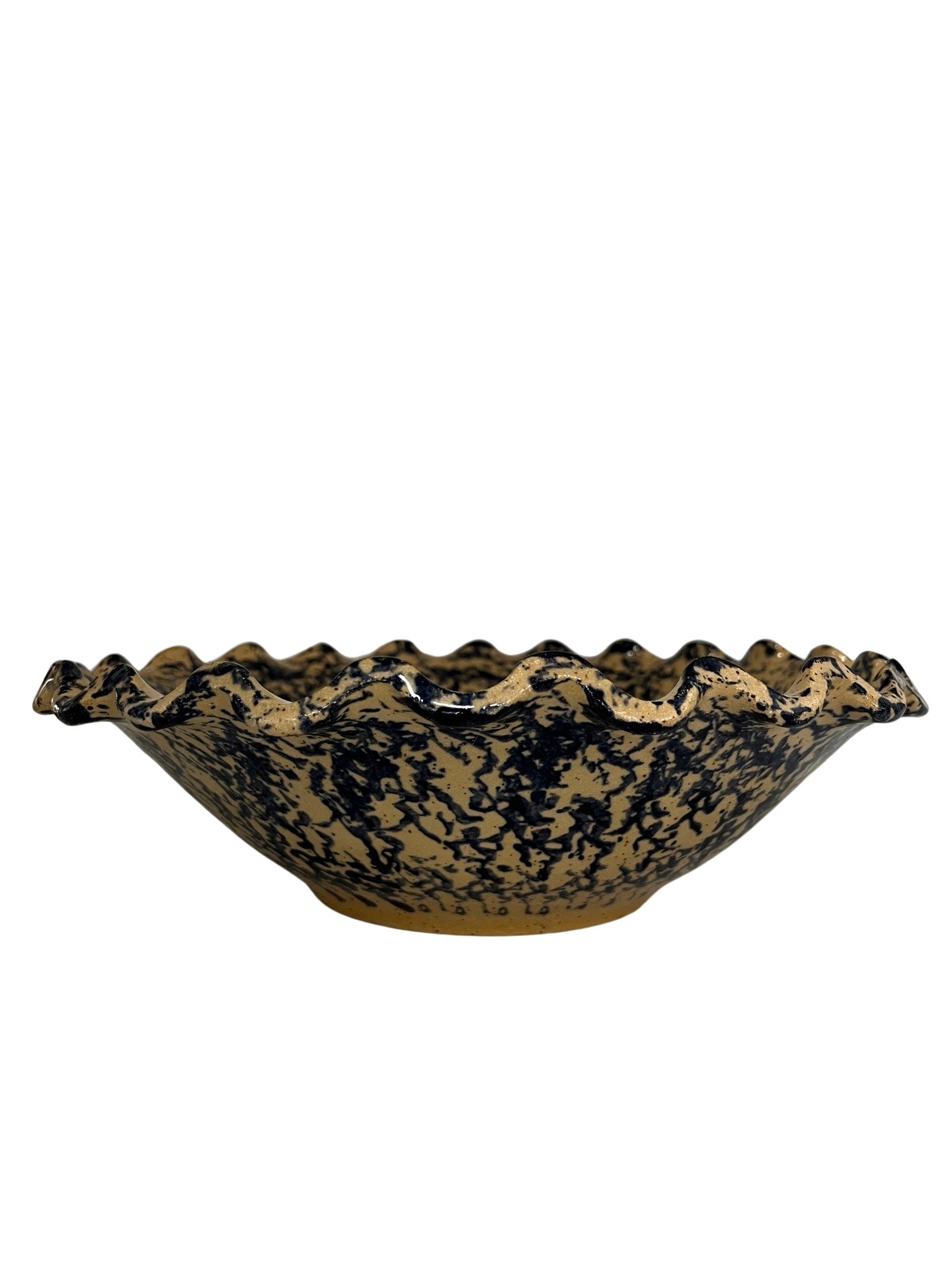 Blue Spongeware Bowl with Scalloped Edge