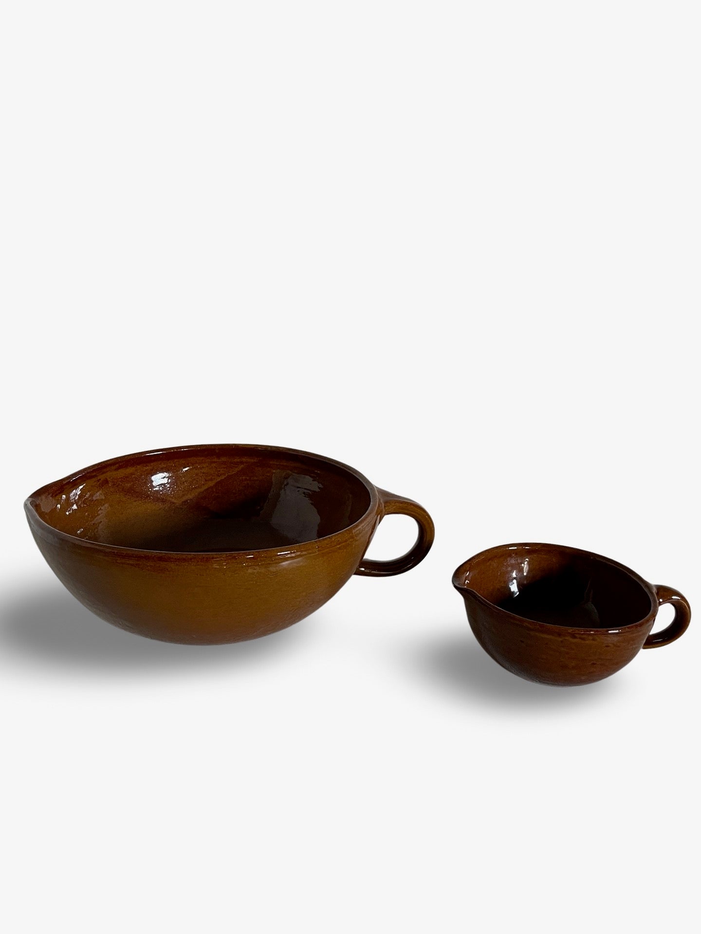 Hand-Thrown Spouted Pottery Mixing Bowls with Handle, two