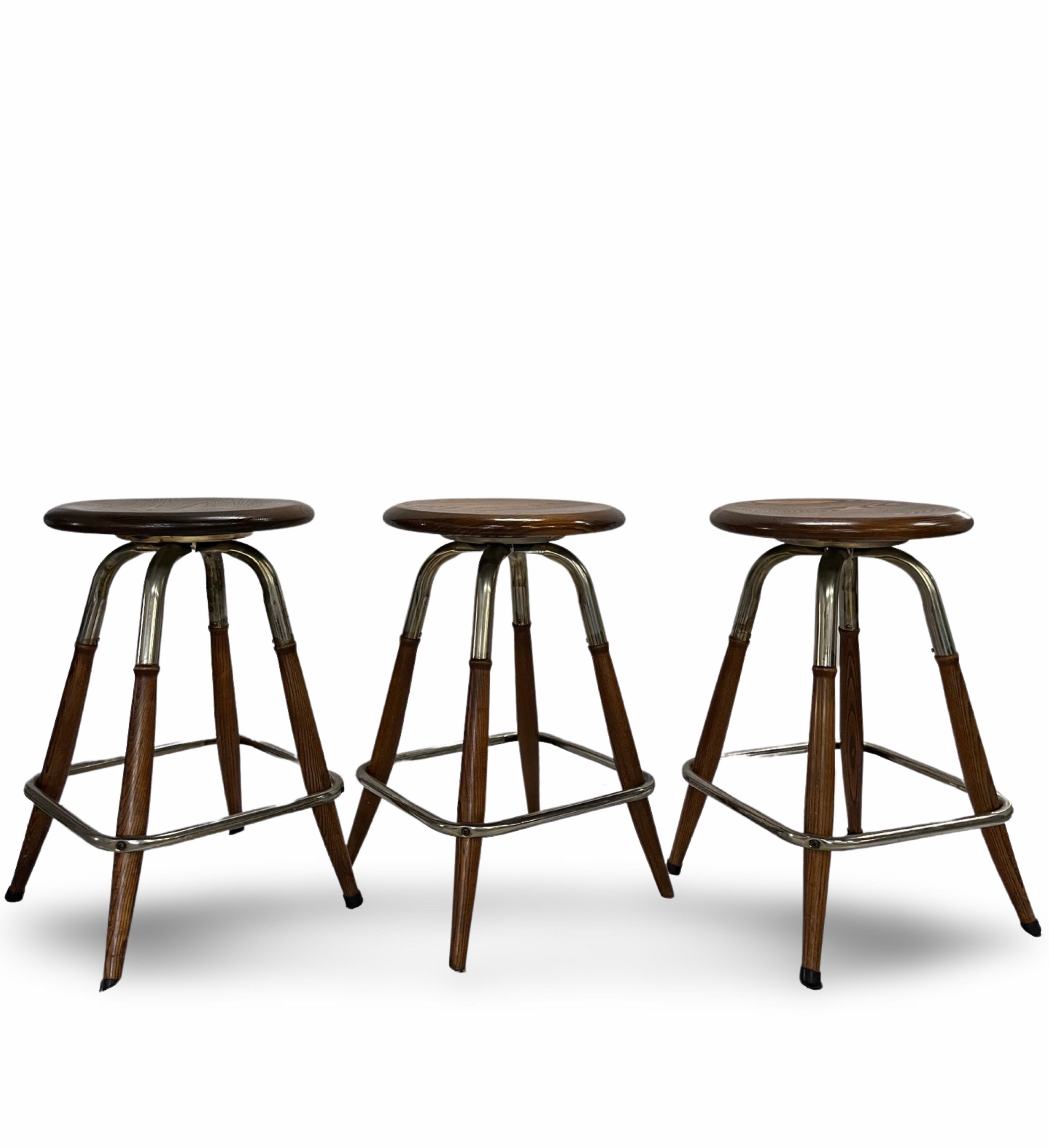 Vintage Swivel Oak and Metal Stools