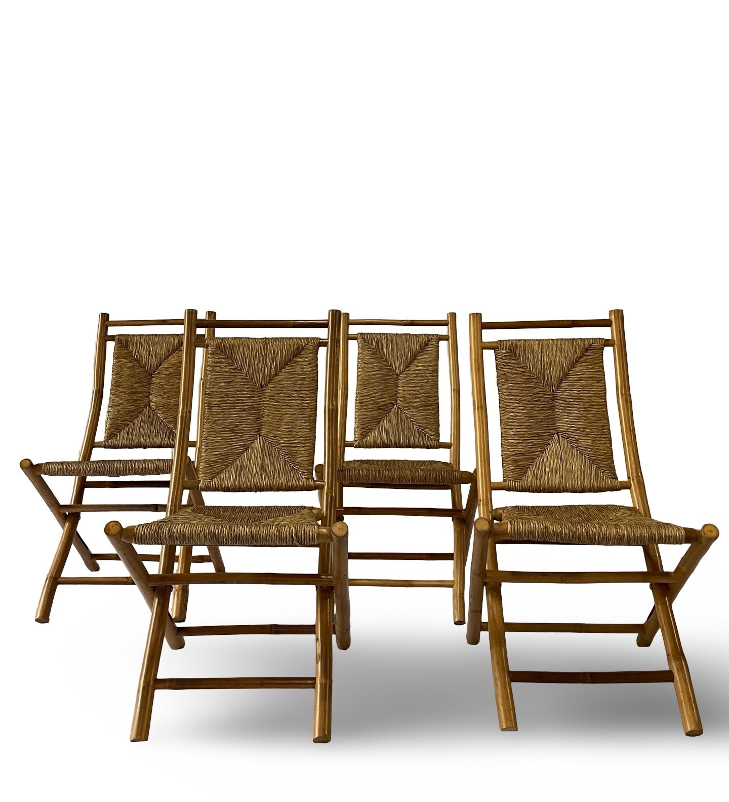 Set of 4 Vintage Bamboo and Rush Folding Chairs