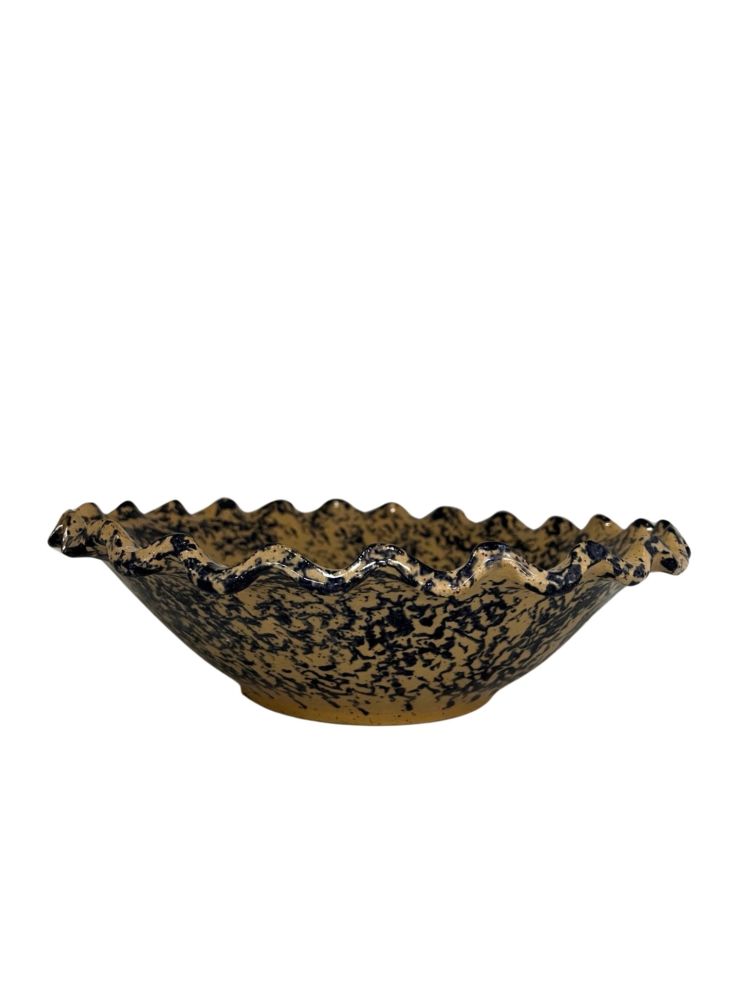 Blue Spongeware Bowl with Scalloped Edge