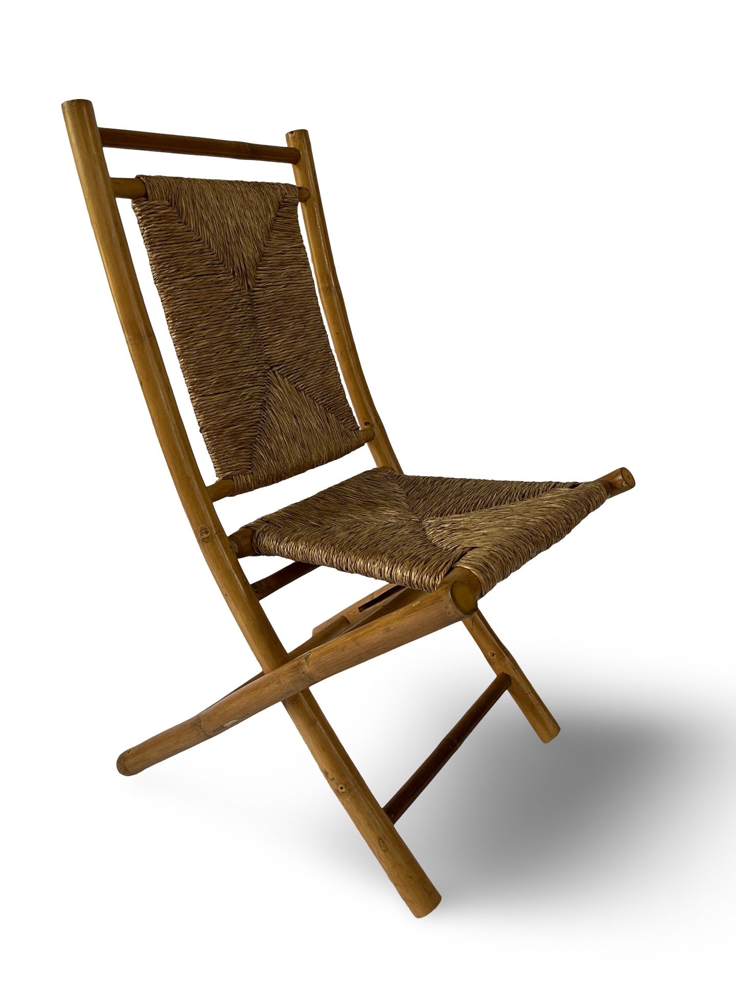 Set of 4 Vintage Bamboo and Rush Folding Chairs