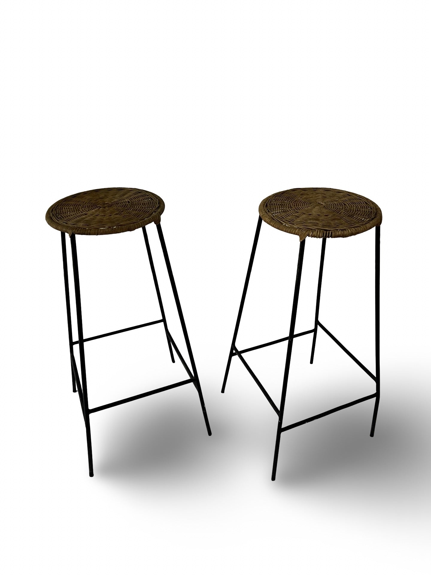 Pair of Vintage Iron and Wicker Seat Bar Stools