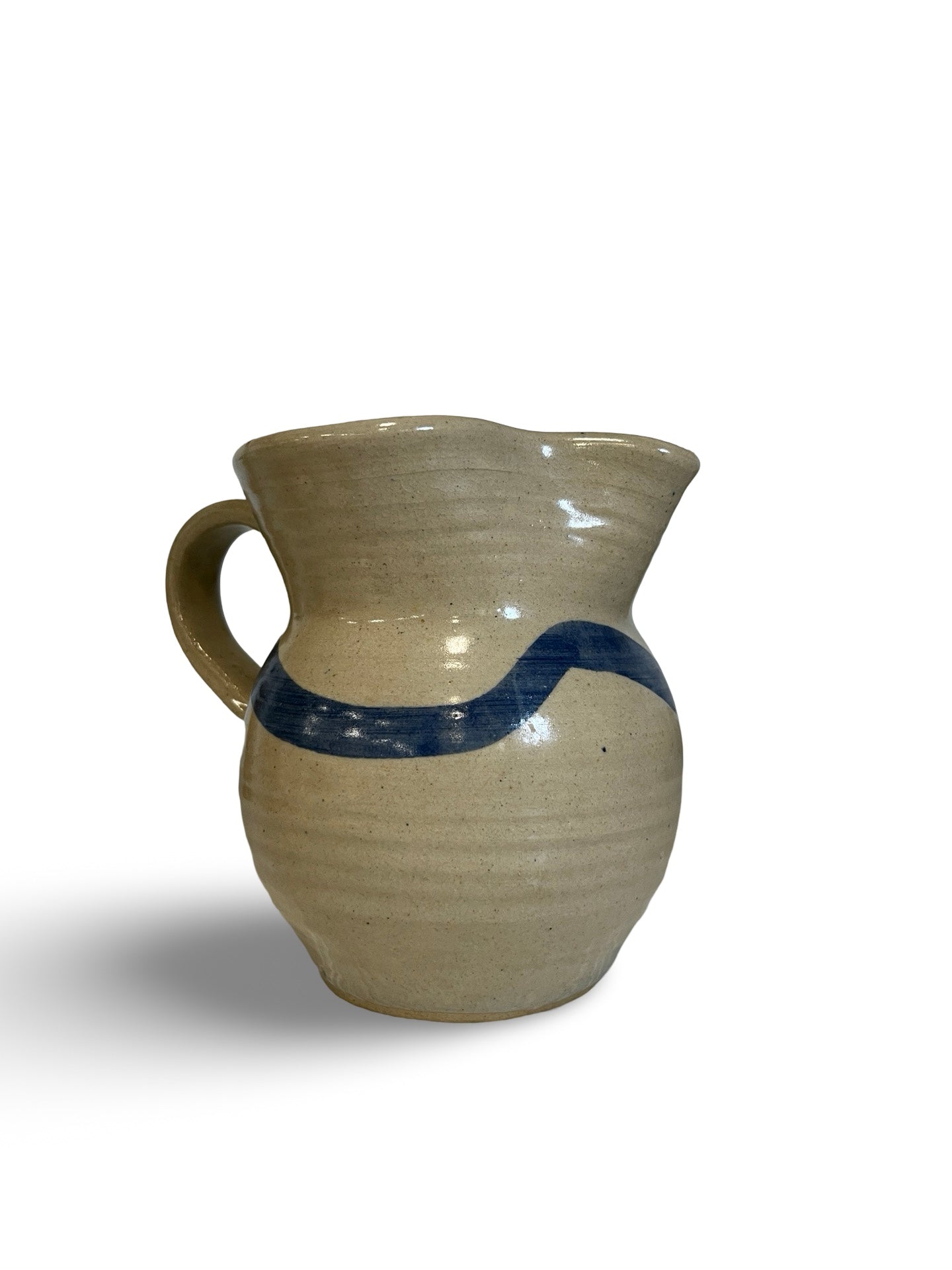 Handmade Blue and Cream Pottery Pitcher, Signed "Shep"