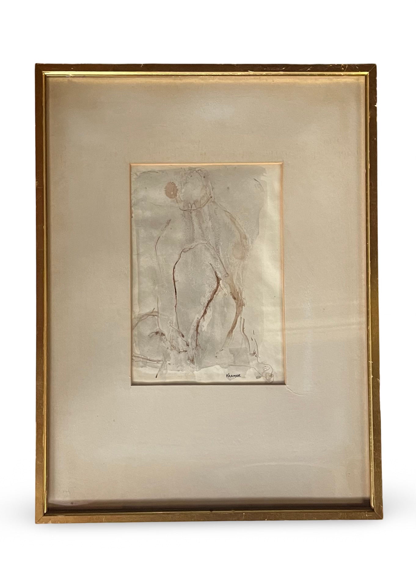 Vintage Framed Nude Ink and Wash Watercolor on Paper