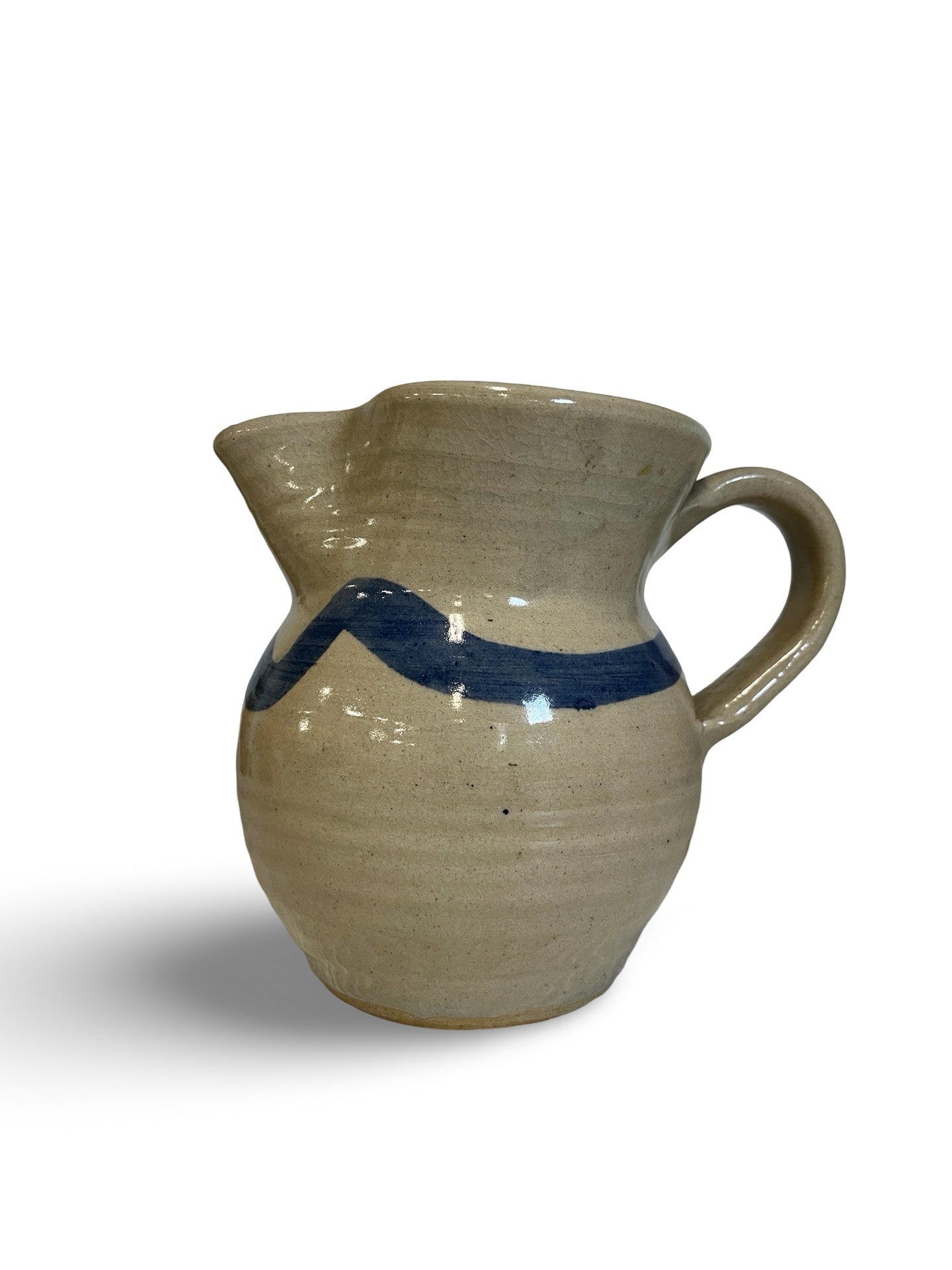 Handmade Blue and Cream Pottery Pitcher, Signed "Shep"