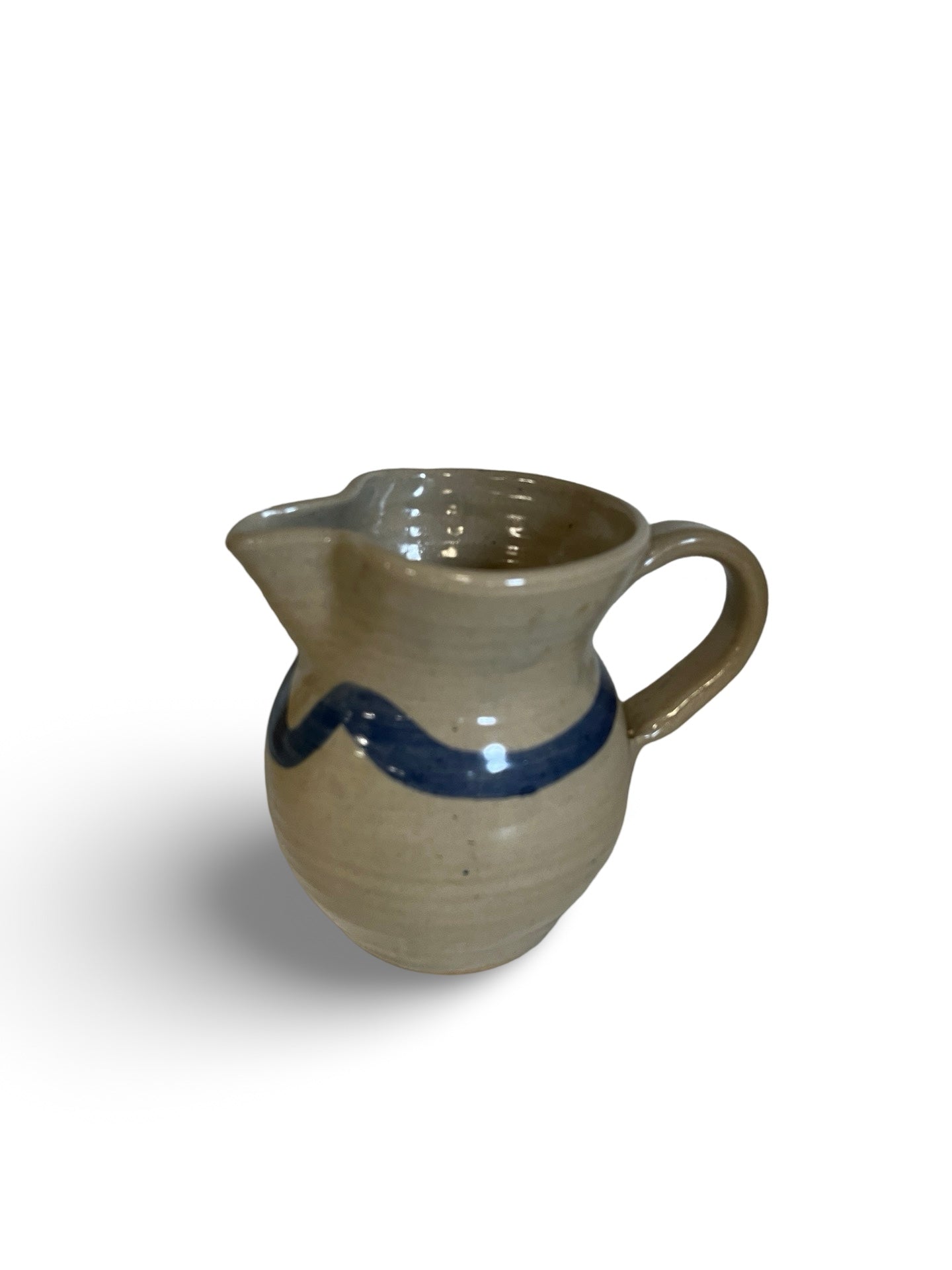 Handmade Blue and Cream Pottery Pitcher, Signed "Shep"