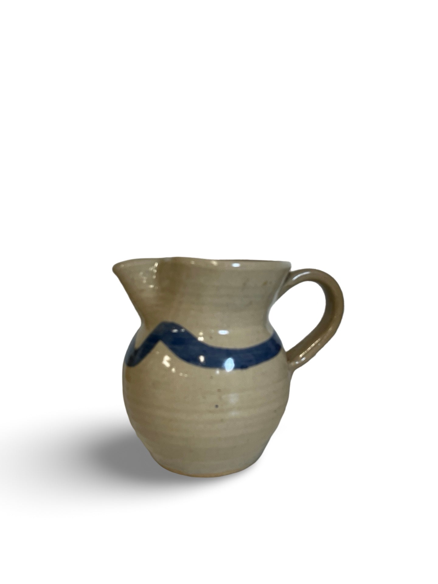 Handmade Blue and Cream Pottery Pitcher, Signed "Shep"