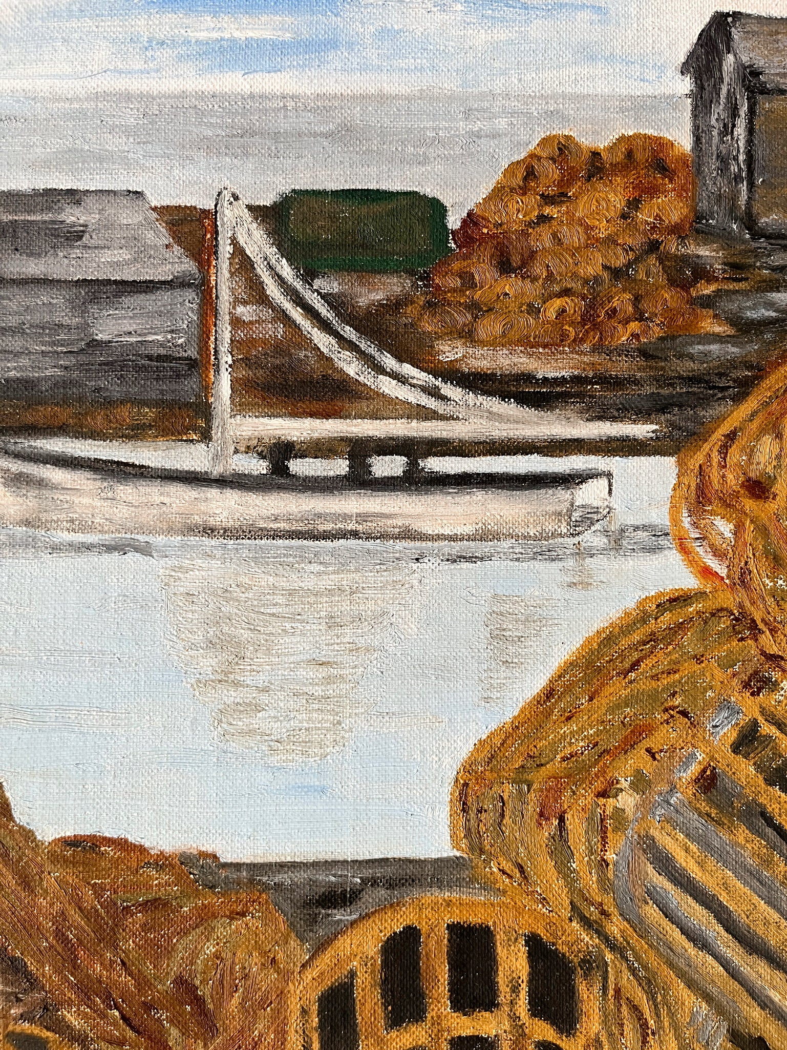 Vintage Painting of a Boat and Lobster Traps