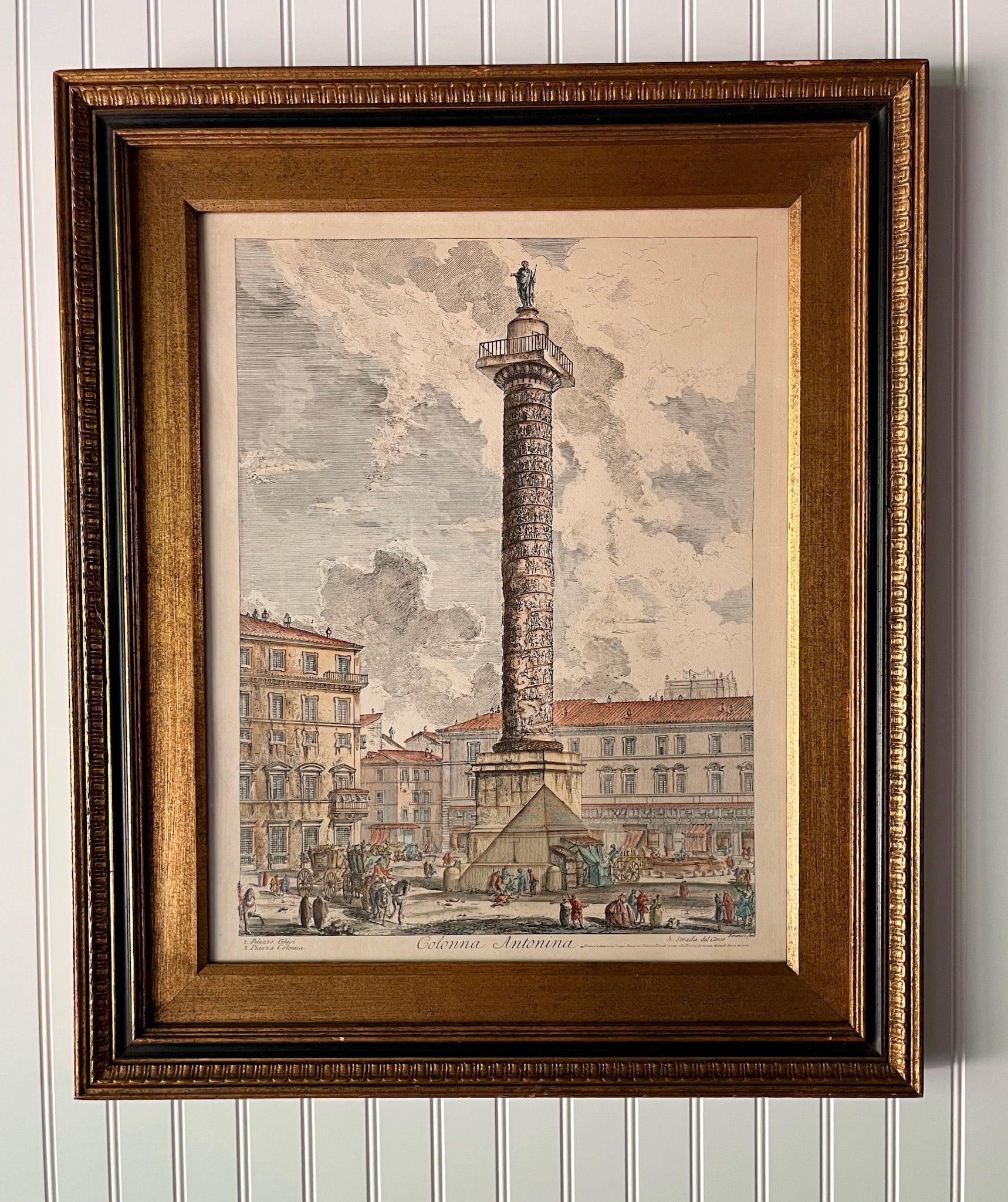 Vintage Hand-Colored Etching of Colonna Antonina (The Column of Marcus Aurelius), from Vedute di Roma (Views of Rome), by Giovanni Battista Piranesi